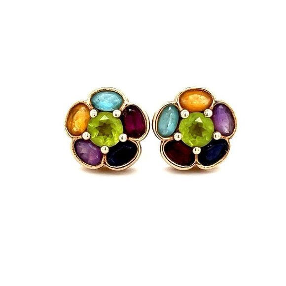 925 Gold Multicolor Stones Stud Earrings - Picture 1 of 7